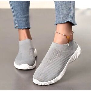 NWT Sz 8.5 No-Tie No Shoelaces Slip-on Grey Comfy Elastic Sneakers Shoes